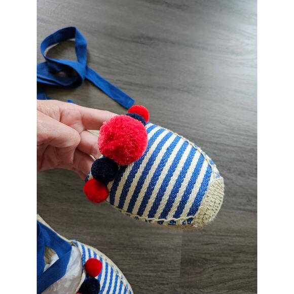 J. Crew Women's Blue Red Striped Ankle Wrap Pom Pom Espadrille Flats NIB Size 9 - Picture 6 of 9